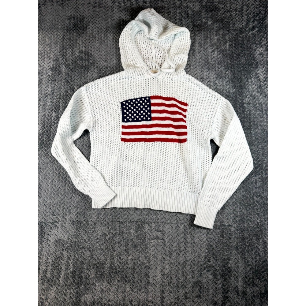 Universal Thread Goods Co Sweater Womens Medium White USA Flag Open Knit Hooded
